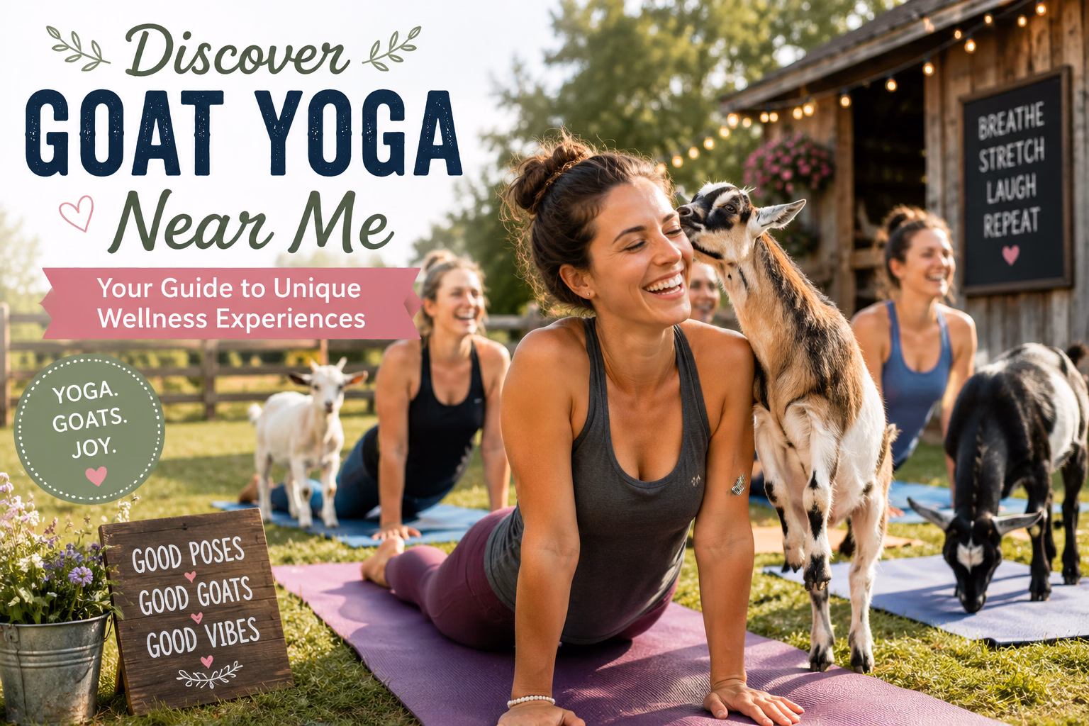 Yoginis and goats doing yoga outside in Jackson, Michigan