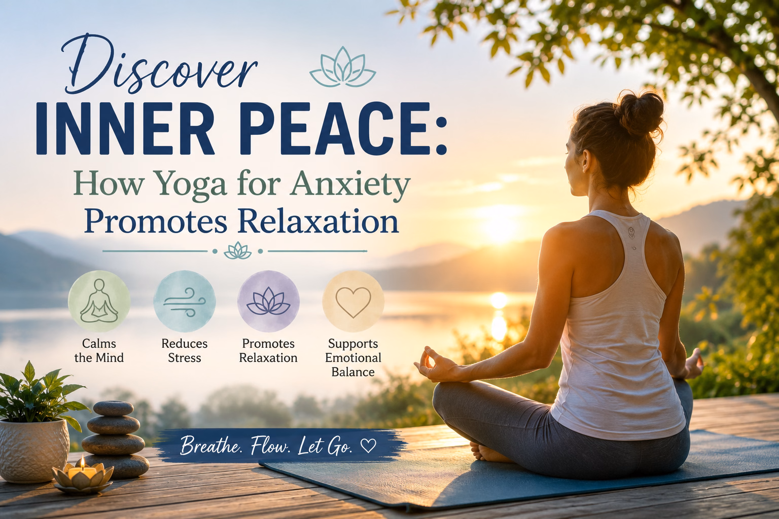 Discover Inner Peace: How Yoga for Anxiety Promotes Relaxation Girl sitting on a mat meditating overlooking a lake.