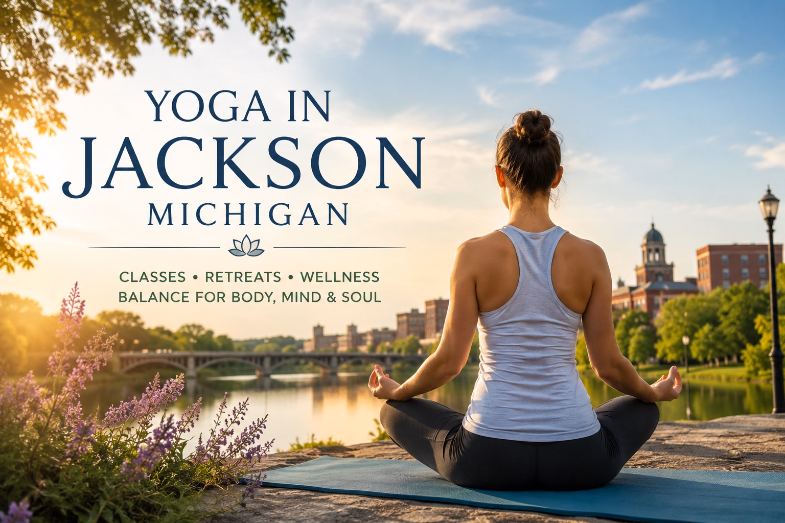 Girl doing yoga in Jackson, Michigan outside along the Grand River.